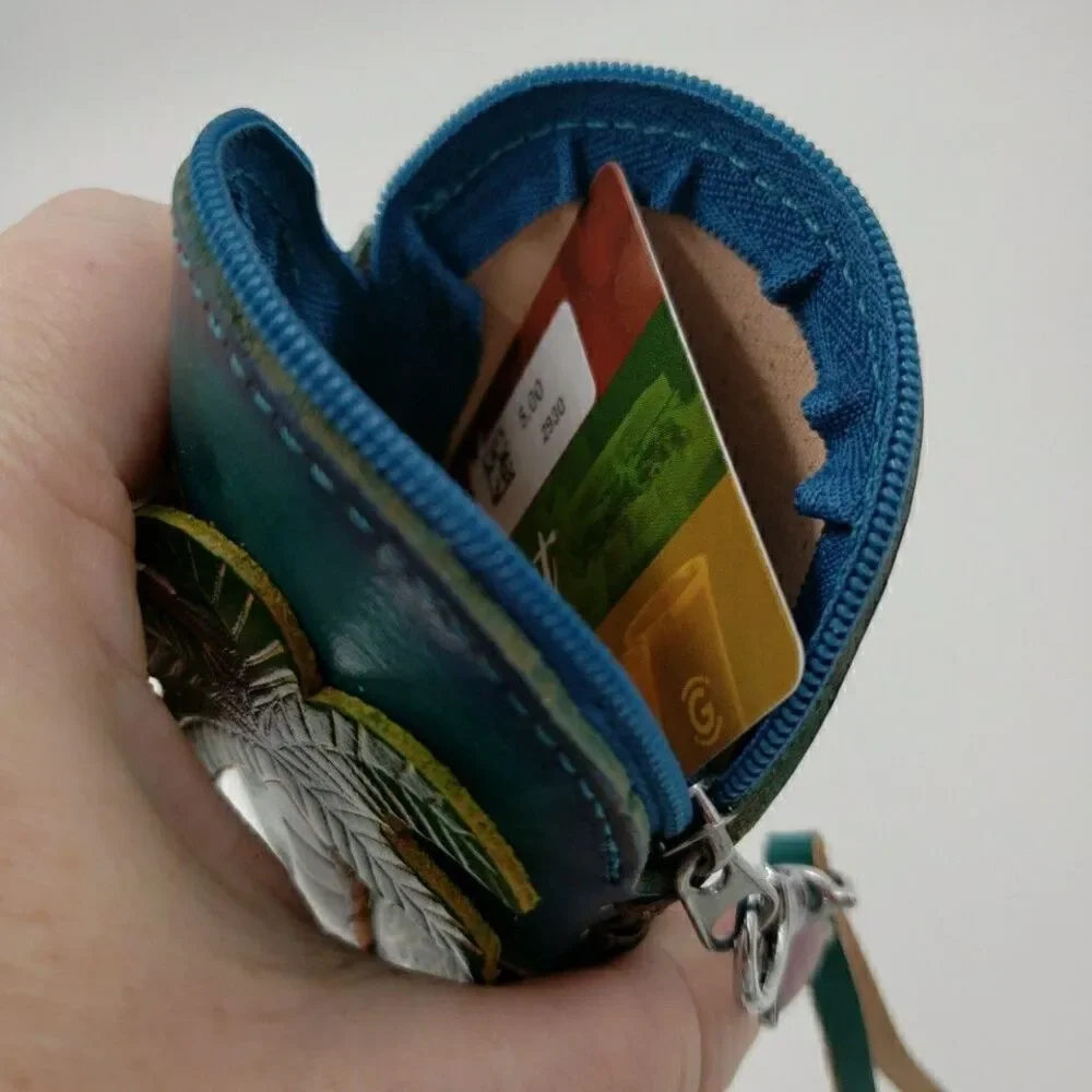 Tropical Palm Tree Wristlet Gift Card Holder Handmade Leather Surfer Mini Purse